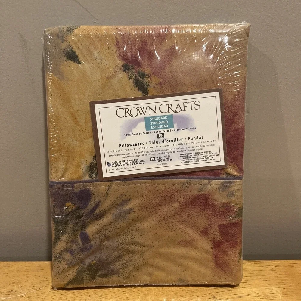 Vintage Crown Crafts Standard Pillowcases NIP Ramballet Brown Floral Watercolor